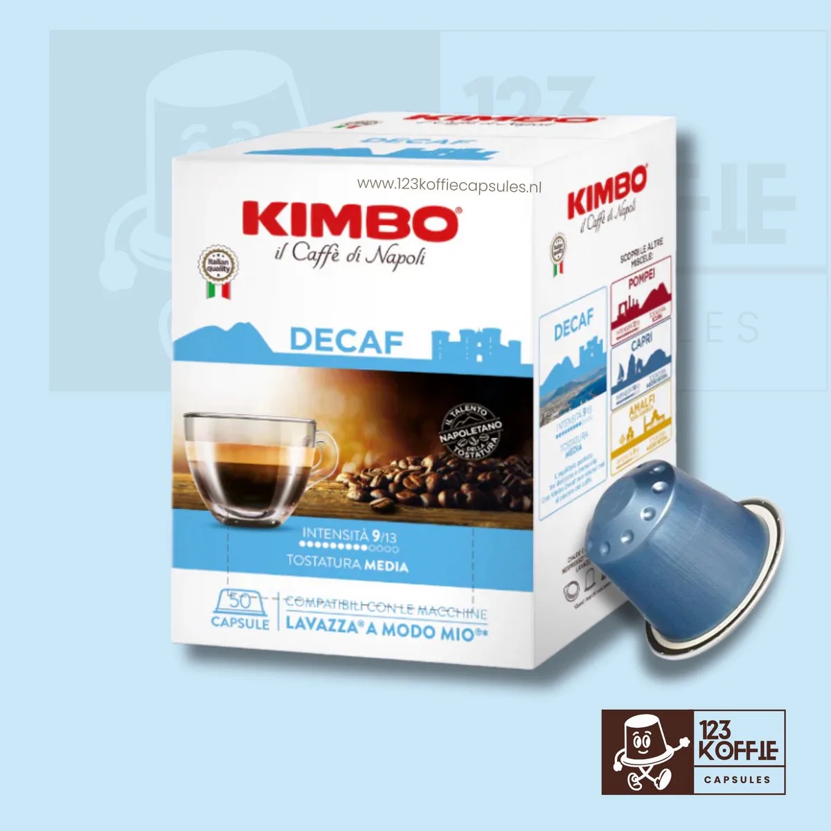 Decaffeinato capsules A Modo Mio 50 stuks – cafeïnevrije espresso de Kimbo – photo produit