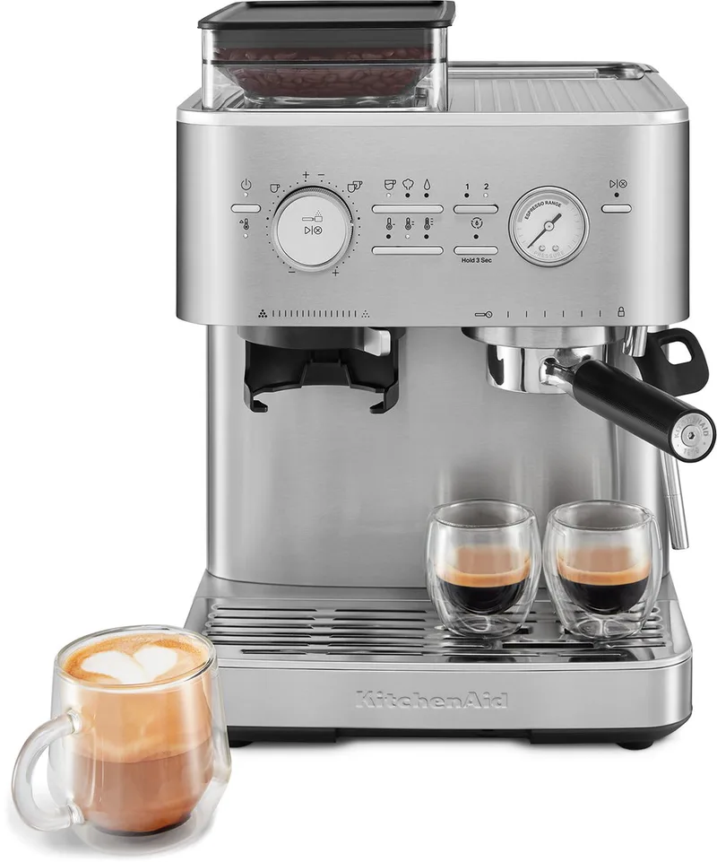 Halfautomatische Espressomachine - Ingebouwde koffiemolen, kantelbaar stoompijpje, 15 bar pomp en drukmeter - Roestvrij staal van KitchenAid in Stainless Steel – productfoto