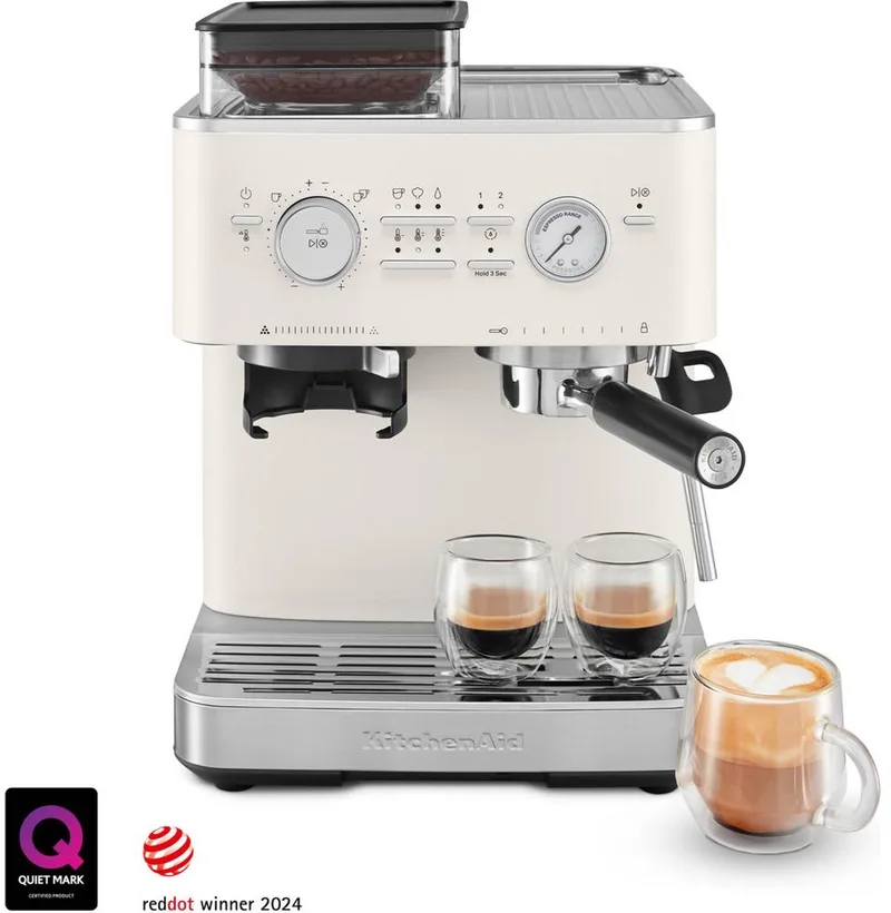 Halfautomatische Espressomachine - Ingebouwde koffiemolen, kantelbaar stoompijpje, 15 bar pomp en drukmeter van KitchenAid in Porcelain White – productfoto
