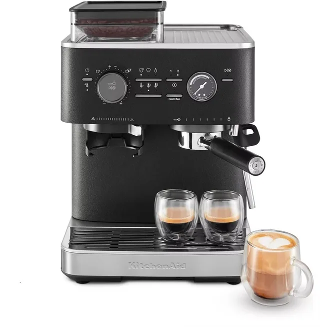 Pistonmachine met Koffiemolen - 5KES6551EBK - Ingebouwde koffiemolen - Kantelbaar stoompijpje - 15 bar pomp en drukmeter