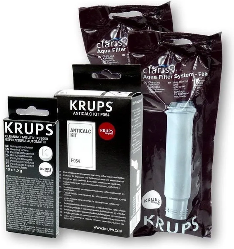 2 Stuks Krups waterfilter F088 - 1 Stuk Krups ontkalker F054 - 1 Stuk Krups reinigingstablet XS3000 van Krups – productfoto