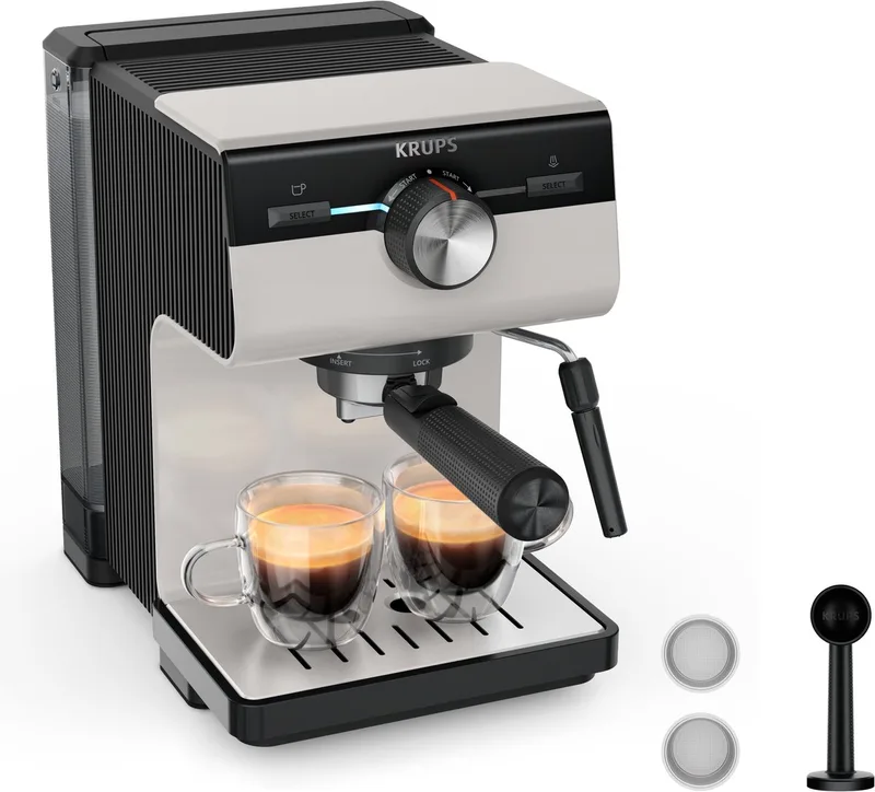 Authentic C40 XP381B - Pistonmachine - Inclusief Melkopschuimer - Compact - Stijlvol Design - Geschikt voor Espresso en Latte fra Krups i Lysegrå – produktbillede