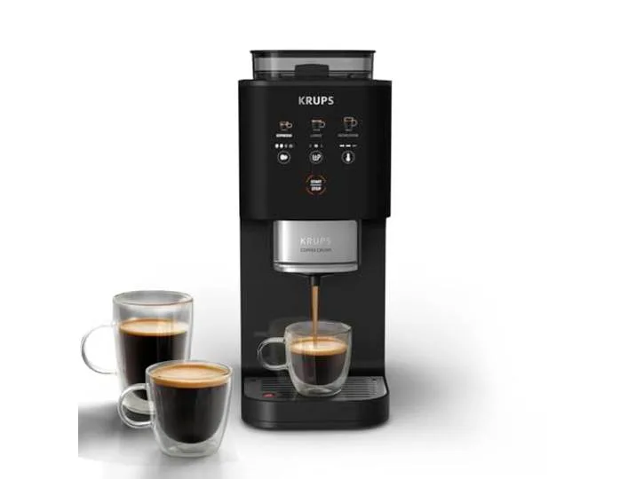 Coffee Crush Extra Kaffeevollautomat, nur 15 cm breit, Schwarz Edelstahlmühle für frisch gemahlenen Kaffee, smartes Bedienfeld, auch für vorgemahlenen Kaffee, einfache Reinigung, SA4028E0 von Krups – Produktfoto