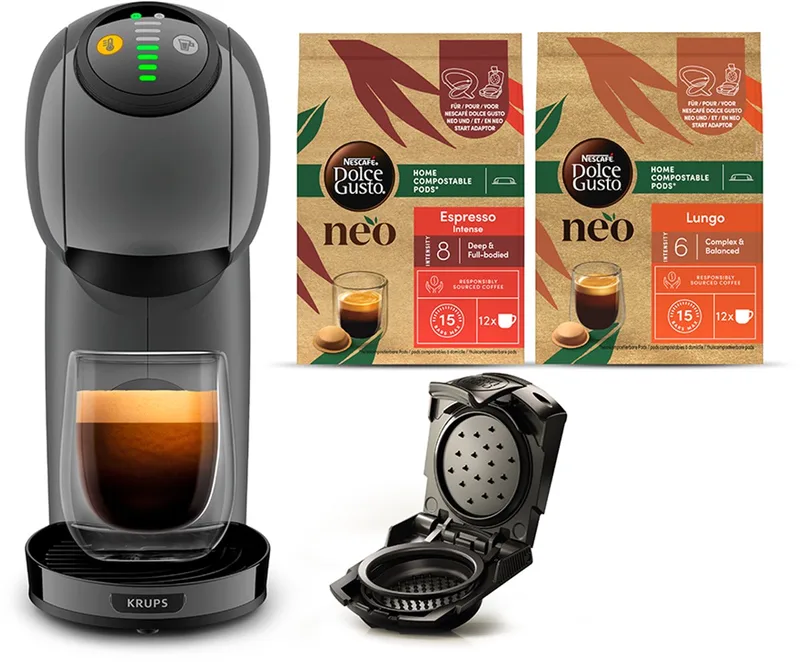 Dolce Gusto Genio S YY5895FD – Capsule Koffiemachine – 15 bar – Zonder melkopschuimer – Bundle 2x NEO Espresso Lungo + NEO Capsule Adapter by Krups in Grey – product photo
