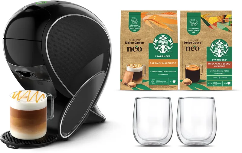 NESCAFÉ Dolce Gusto NEO YY5892FD – Koffiecupmachine - Latte Koffiemachine Bundle met 2 Starbucks mugs en Americano + Latte Macchiato Caramel koffie van Krups in Zwart – productfoto