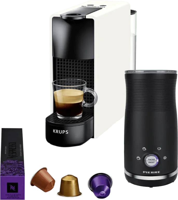Nespresso Essenza Mini XN1101 Wit + Pierre Melkopschuimer van Krups – productfoto