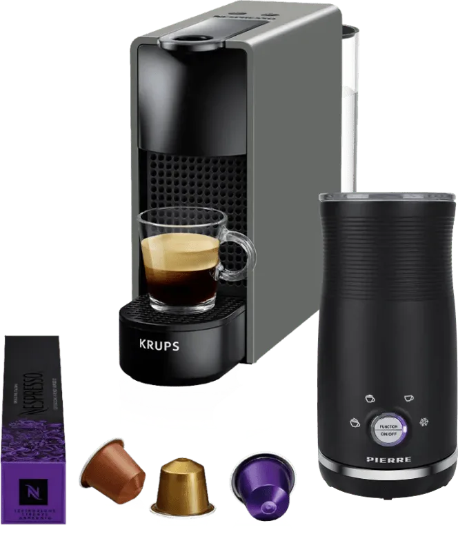 Nespresso Essenza Mini XN110B Grijs + Pierre Melkopschuimer van Krups – productfoto
