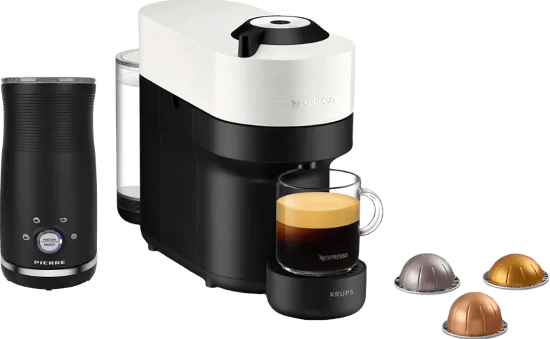 Nespresso Vertuo Pop XN9201 Coconut White + Pierre Melkopschuimer van Krups – productfoto