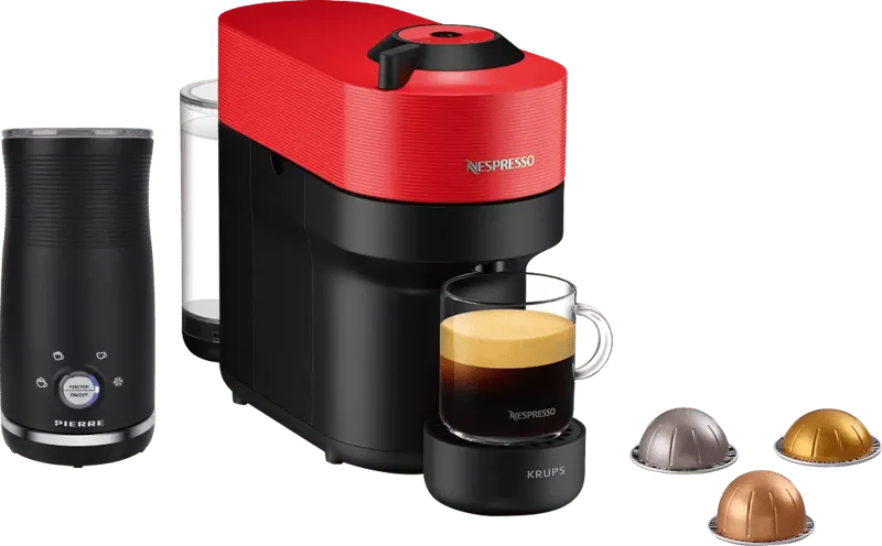 Nespresso Vertuo Pop XN9205 Spicy Red + Pierre Melkopschuimer van Krups – productfoto