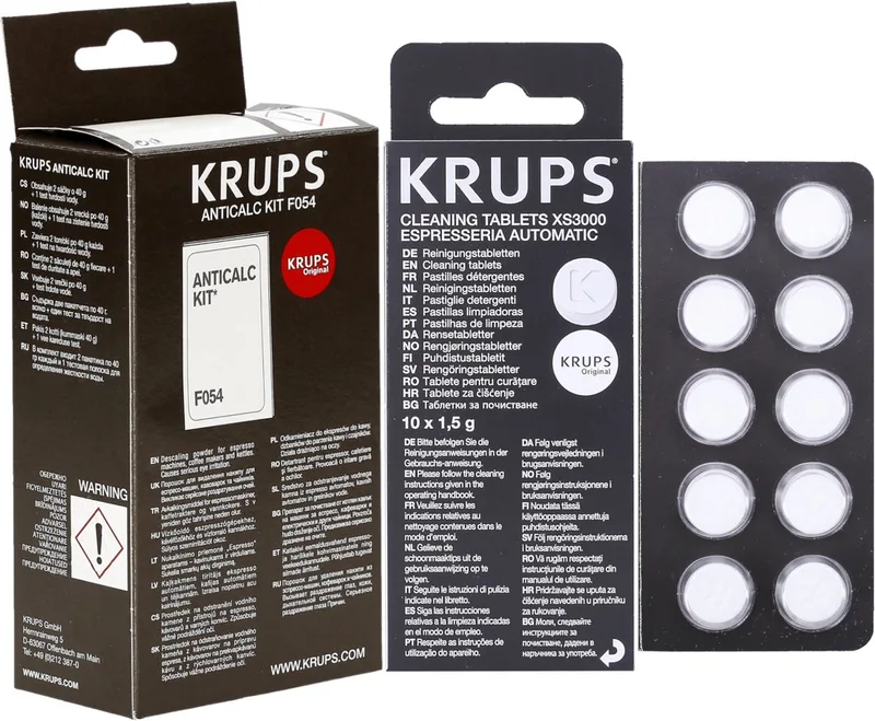 reinigingsset voor koffiemachines - ontkalkingsmiddel - ontkalkingstabletten 2x40g - 1x waterhardheidstest ANTICALC F054 - 1x reinigingsmiddel voor KRUPS XS3000 koffiemachines, origineel van Krups in Wit, Zwart – productfoto