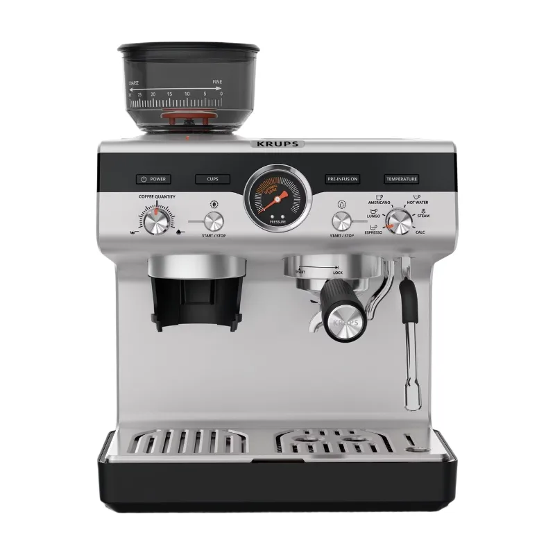 XP801T Precision pistonmachine, halfautomatische espressomachine met molen, perfect gemaakte espresso, intuïtieve interface, bonenreservoir van 250 g, 30 maalinstellingen van Krups – productfoto