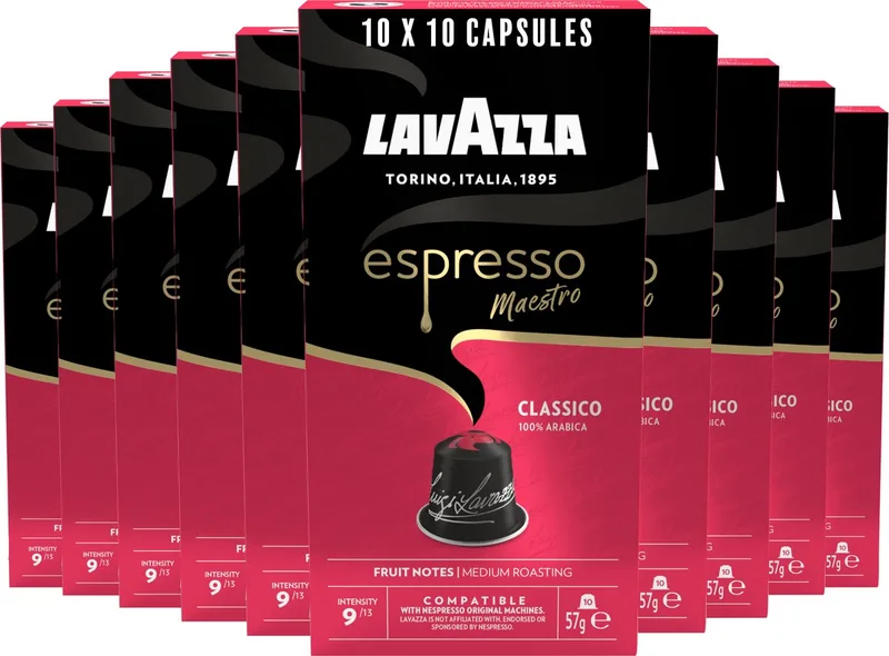 Espresso Classico Koffiecups - 100 Cups - 100% Arabica Koffie - Intensiteit: 9/13 - 10 x 10 Aluminium Capsules by Lavazza – product photo