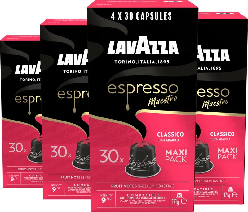 Espresso Classico Koffiecups - 120 Cups - 100% Arabica Koffie - Intensiteit: 9/13 - 4 x 30 Aluminium Capsules - Geschikt voor Nespresso by Lavazza – product photo