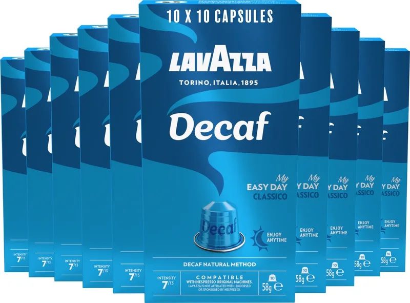Espresso Decaffeinato Koffiecups - 100 Nespresso Cups - Koffie Caffeïnevrij - Arabica & Robusta - Intensiteit: 7/13 - 10 x 10 Aluminium Capsules från Lavazza – produktbild