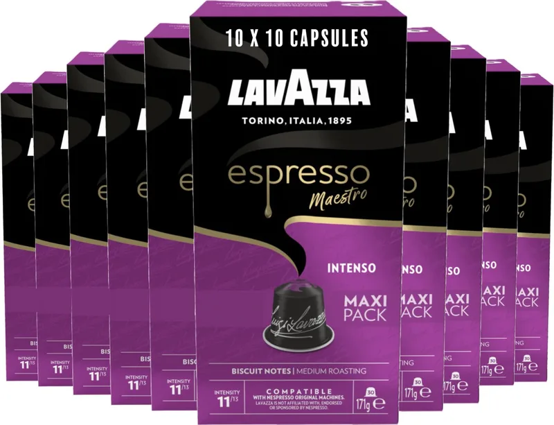 Espresso Intenso Koffiecups - 100 Nespresso Cups - Koffie Blend van Arabica & Robusta - Intensiteit: 11/13 - 10 x 10 Aluminium Capsules by Lavazza – product photo