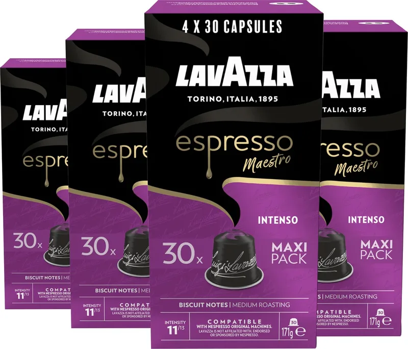 Espresso Intenso Koffiecups - 120 Nespresso Cups - Koffie Blend van Arabica & Robusta - Intensiteit: 11/13 - 4 x 30 Aluminium Capsules van Lavazza – productfoto