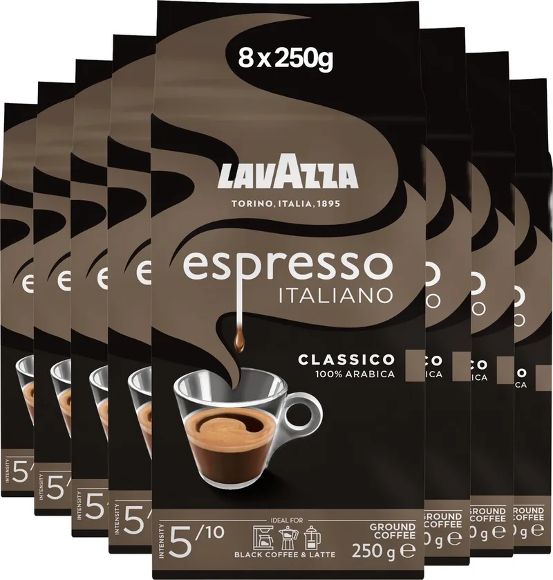Espresso Italiano Classico Filterkoffie - Gemalen Koffie - Blend van Arabica & Robusta Bonen - Intensiteit 5/10 - 8 x 250 gram van Lavazza – productfoto