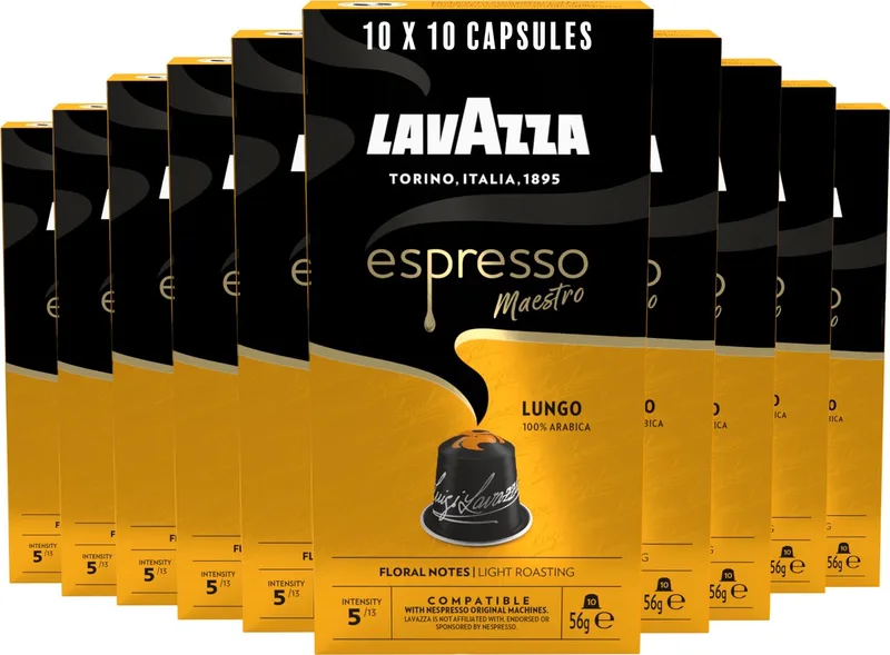 Espresso Lungo Koffiecups - 100 Nespresso Cups - 100% Arabica Koffie - Intensiteit: 5/13 - 10 x 10 Aluminium Capsules från Lavazza – produktbild