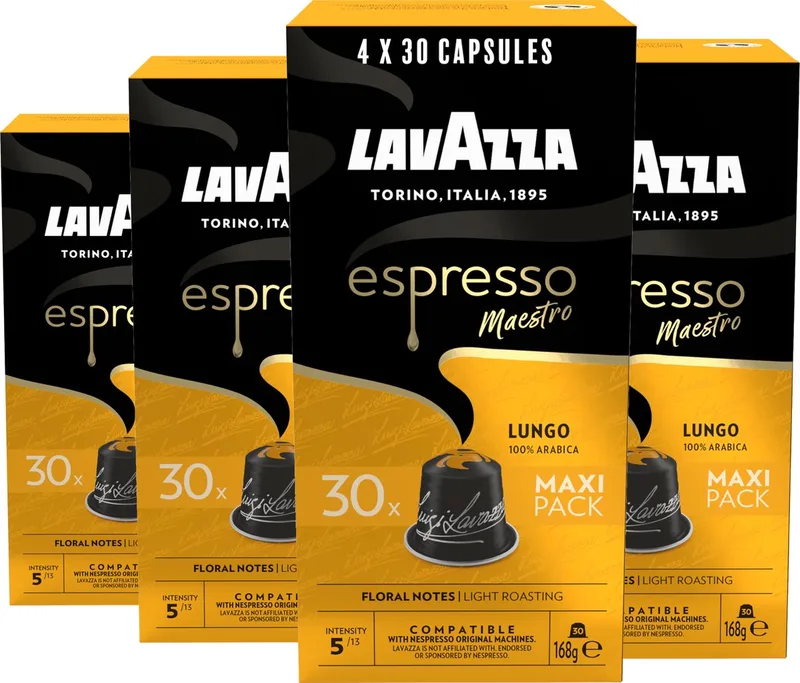 Espresso Lungo Koffiecups - 120 Nespresso Cups - 100% Arabica Koffie - Intensiteit: 5/13 - 4 x 30 Aluminium Capsules von Lavazza – Produktfoto