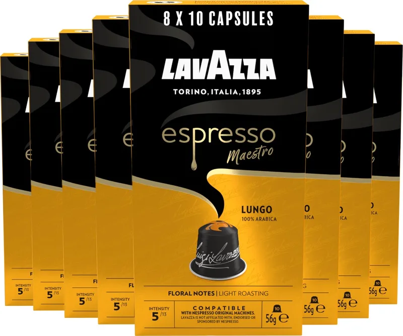 Espresso Lungo Koffiecups - 80 Aluminium Cups - 100% Arabica Koffie - Intensiteit: 5/13 - 8 x 10 Capsules - Geschikt voor Nespresso de Lavazza – photo produit