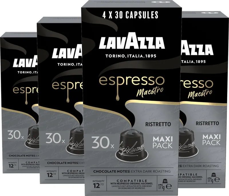 Espresso Ristretto Koffiecups - 120 Nespresso Cups - Koffie Blend van Arabica & Robusta - Intensiteit: 12/13 - 4 x 30 Aluminium Capsules från Lavazza – produktbild