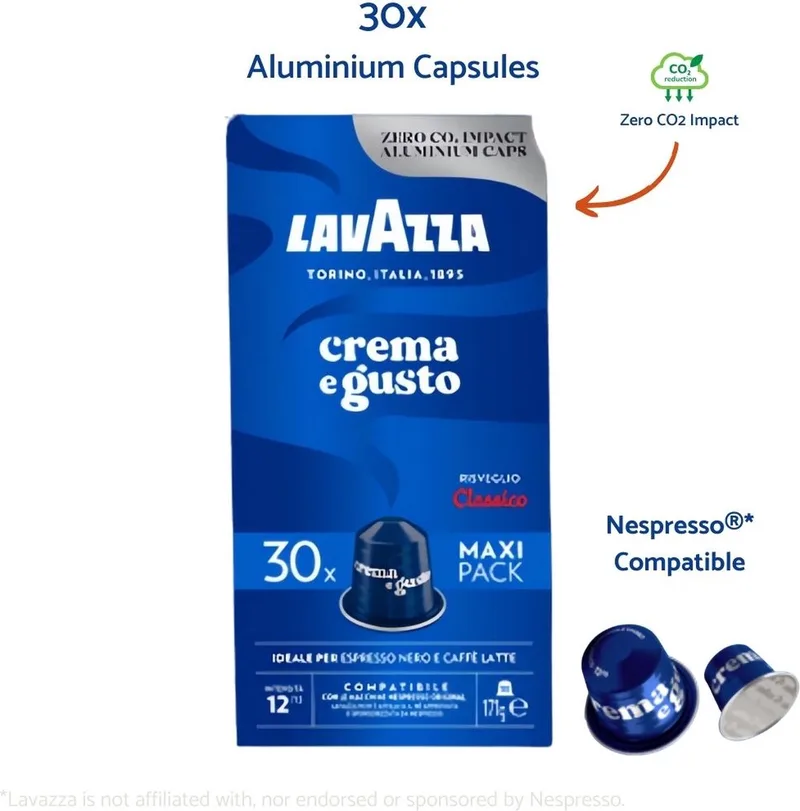 Nespresso compatibel koffiecups - Crema e Gusto Classico 30 stuks - Italiaanse koffie - Aluminium capsules voor Inissia, Pixie, Citiz, enz. by Lavazza – product photo