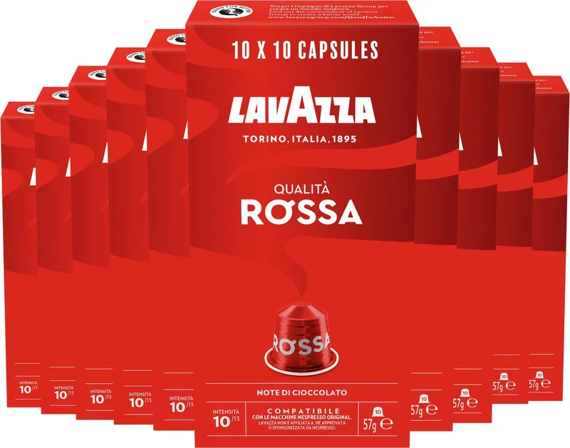Qualità Rossa Koffiecups - 100 Nespresso Cups - 100% Arabica Koffie - Intensiteit: 10/13 - 10 x 10 Aluminium Capsules by Lavazza – product photo