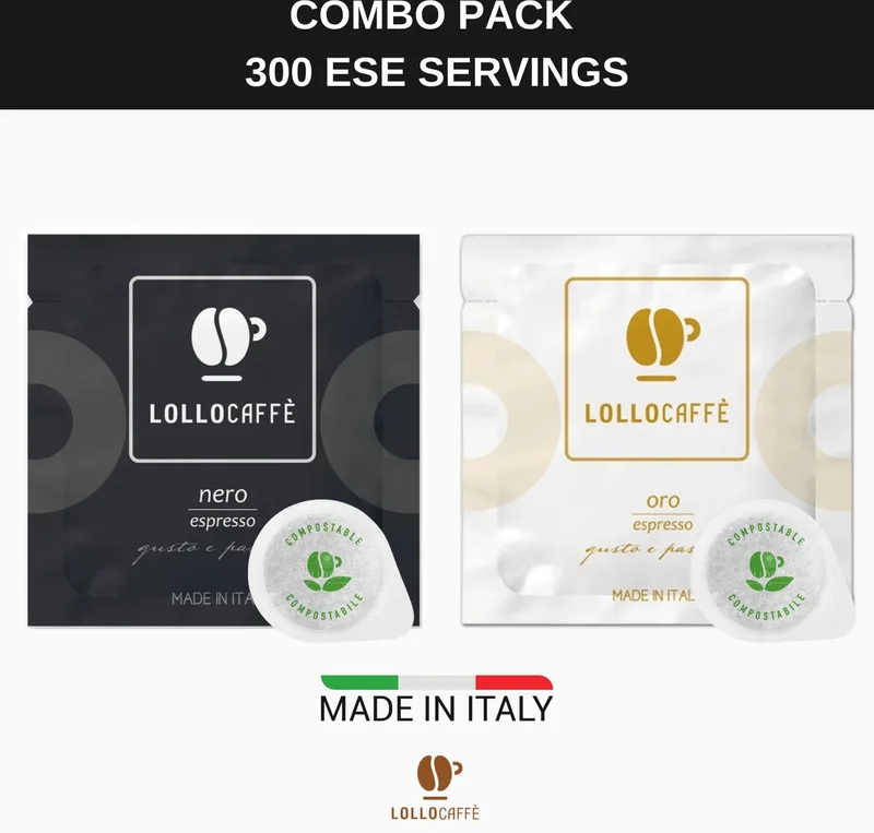 Nero + Oro Combo Pack - ESE Koffiepads - 2 x 150 stuks - Napolitaanse gebrande koffie - E.S.E. Servings - Voor italiaanse koffieliefhebbers van Lollo Caffè – productfoto