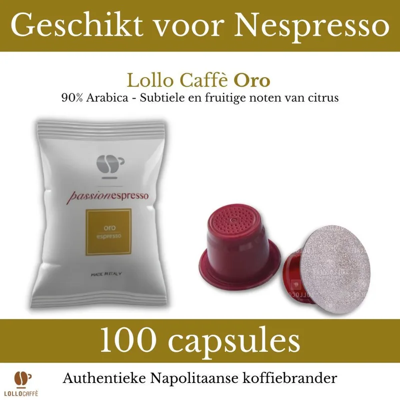 Oro 100 Nespresso koffiecapsules - 100% Arabica - Top kwaliteit Italiaanse espresso - 100 Nespresso koffie cups - authentieke brander uit Napels - Romige Koffie - Ideaal voor latte macchiato van Lollo Caffè – productfoto