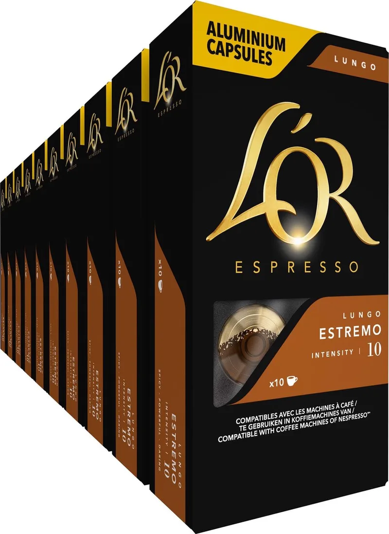 Lungo Estremo Koffiecups - Intensiteit 10/12 - 10 x 10 capsules van L'OR – productfoto