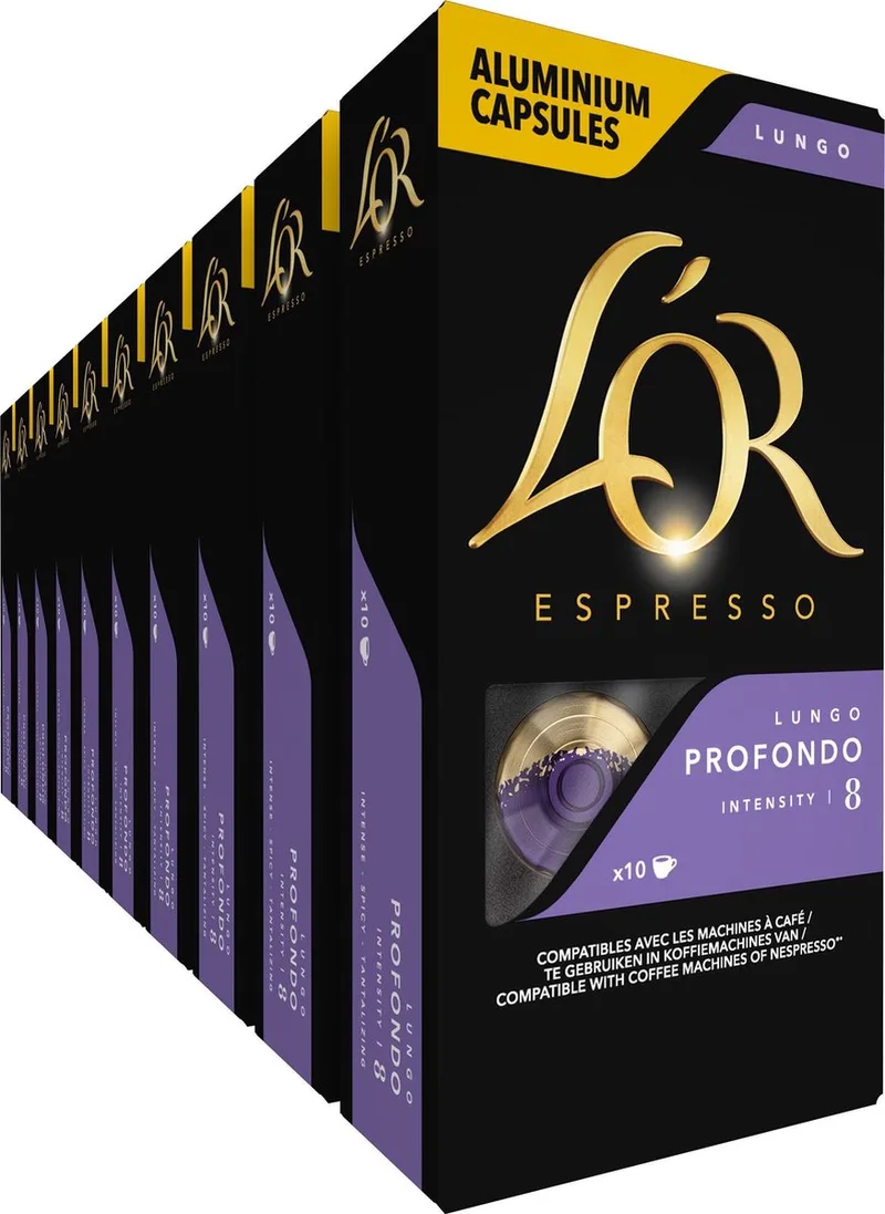 Lungo Profondo Koffiecups - Intensiteit 8/12 - 10 x 10 capsules van L'OR – productfoto
