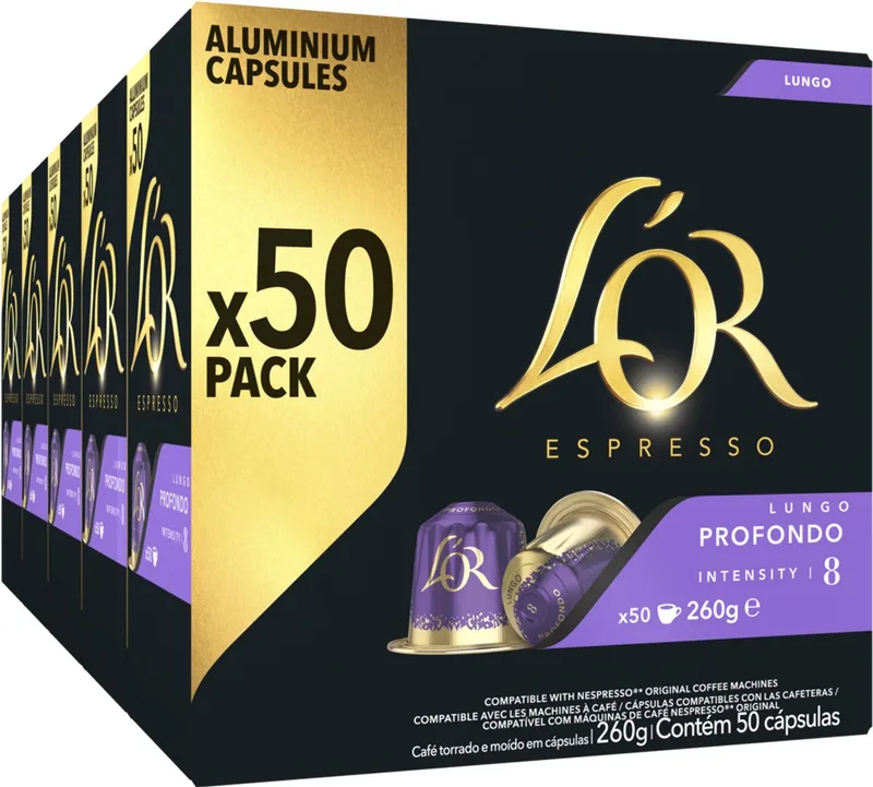 Lungo Profondo Koffiecups - Intensiteit 8/12 - 5 x 50 capsules by L'OR – product photo