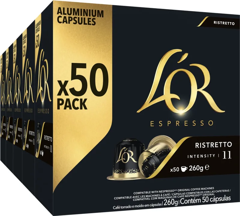 Ristretto Koffiecups - Intensiteit 11/12 - 5 x 50 capsules van L'OR – productfoto