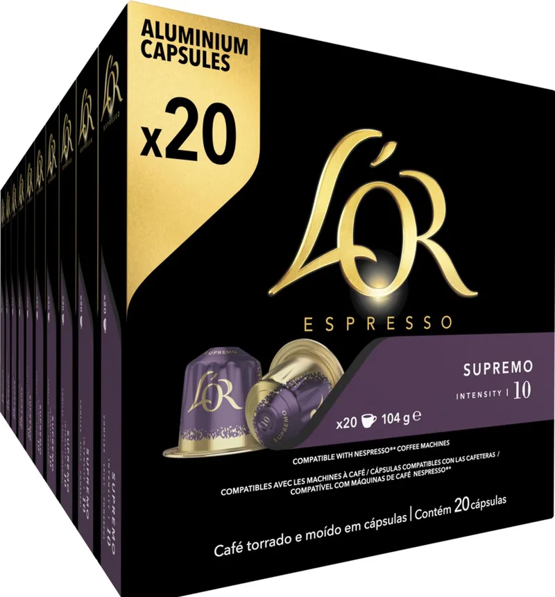 Supremo Koffiecups - Intensiteit 10/12 - 10 x 20 capsules van L'OR – productfoto