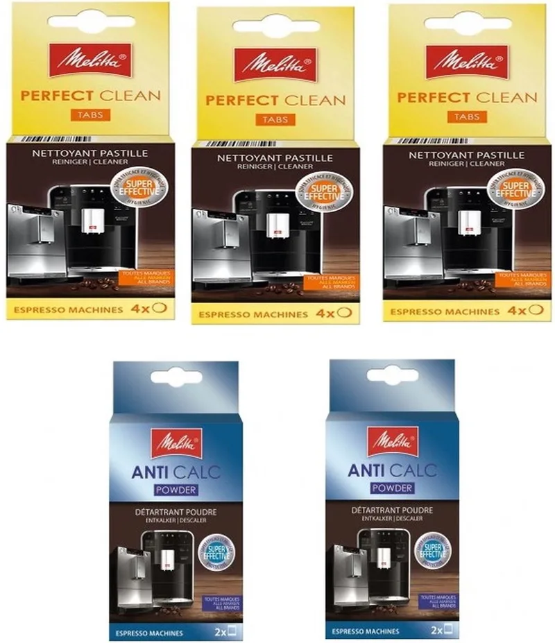 onderhoudset - 2 doosjes MELITTA ontkalkingspoeder + 3 doosjes MELITTA Perfect Clean reinigingstabletten by Melitta – product photo
