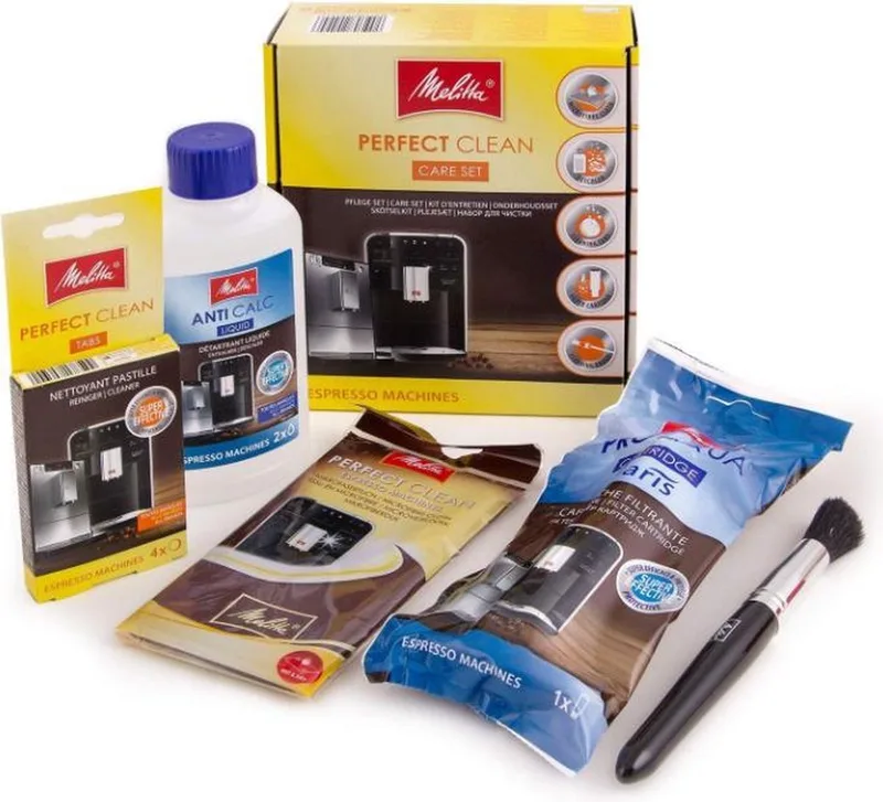 perfect Clean complete set onderhoud espresso machines - waterfilter, ontkalker, reinigingstabletten, borstel reiniging, doek van Melitta – productfoto