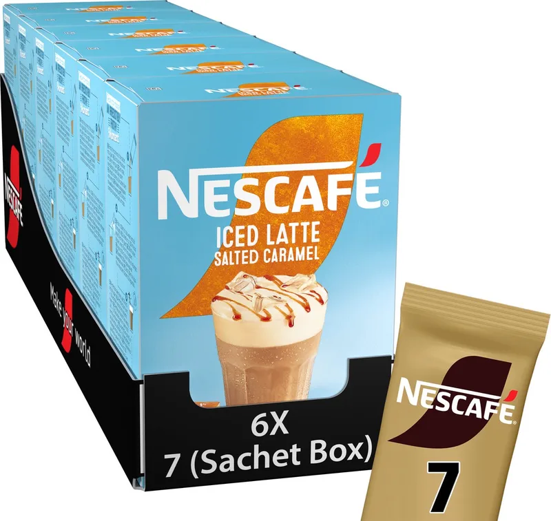 Gold Iced Salted Caramel Latte oploskoffie - ijskoffie - 6 doosjes à 7 zakjes van Nescafé – productfoto