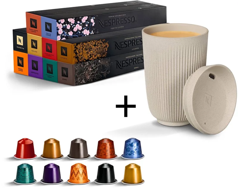 koffiecups Favorieten Original 100 voordeelpakket met travel mug von Nespresso – Produktfoto