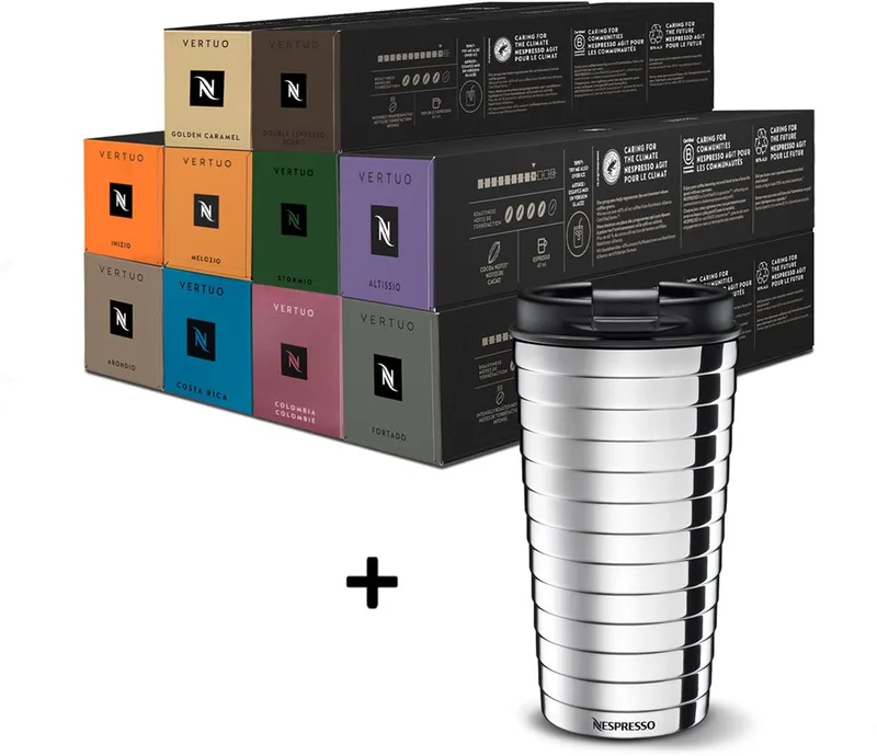 Vertuo - Favorieten Pakket & Touch Travel Mug - Koffiecups - 100 capsules de Nespresso – photo produit