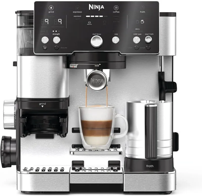 ES501EU Luxe Café 2-in-1 Espressomaschine mit Kaffeemühle und Milchaufschäumer, benutzerfreundlich, 2 Schaumstufen von Ninja – Produktfoto