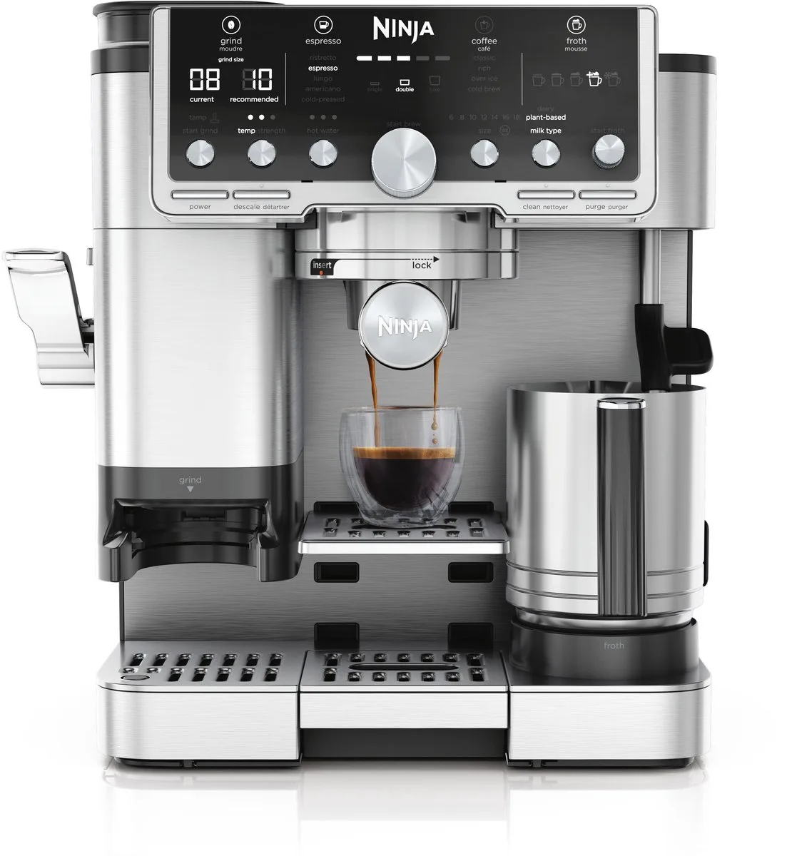 Luxe Café Pro 3-en-1, machine à café pour expresso, café filtre, latte, cappuccino et cold brew, broyeur intégré, mousseur à lait avec 5 préréglages de mousse, inox, ES701EU de Ninja en Stainless Steel – photo produit