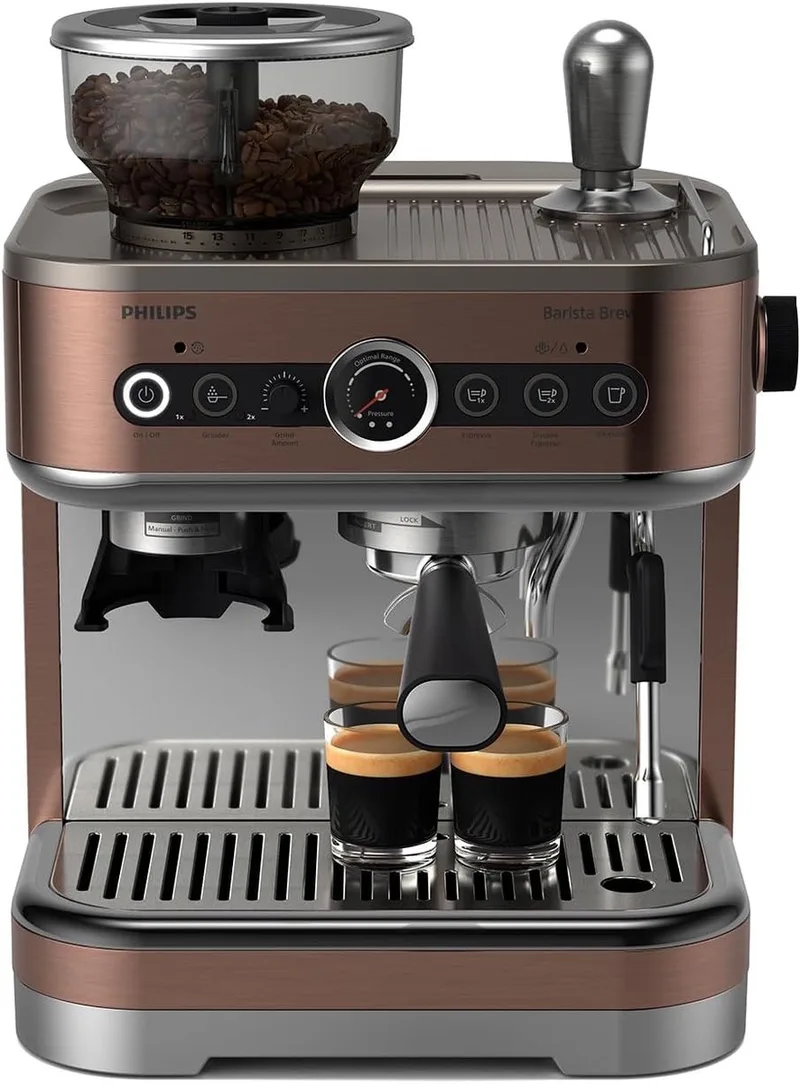 Barista Brew Semi Automatische Espressomachine - Enkele & Dubbele Espresso + Americano-knop, 280g Dual Bean Container, Gekalibreerd Tamponeren, Metalen Cappuccino (PSA3228/41) de Philips en Bronze – photo produit