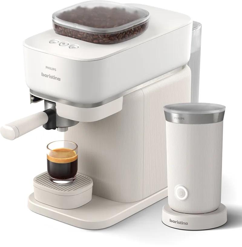Baristina + Melkopschuimer Bundel - BAR308/00 - Semi-Automatische Espressomachine - Pistonmachine - Koffiemachine met bonen - 2026 Editie van Philips in Wit – productfoto