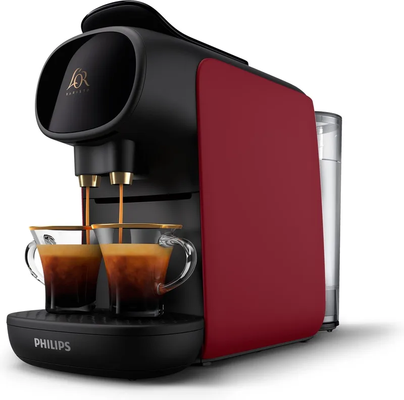 L'OR Barista Sublime Koffiezetapparaat LM9012/50 - Geschikt voor Capsules - Koffiecupmachine en 9 Espresso en Barista Capsules - Zwart en van Philips in Rood – productfoto