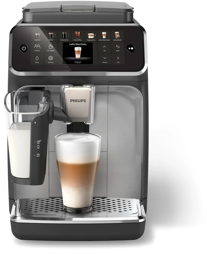 Philips 4400 Series - Espressomachine - 12 Warme & Koude Dranken - LatteGo Melksysteem - 40% Stiller - QuickStart - AquaClean Filter - Volautomatisch - Zwart & Zilver - Koffiemachine met bonen - EP4446/70 van Philips in Zwart en zilver – productfoto