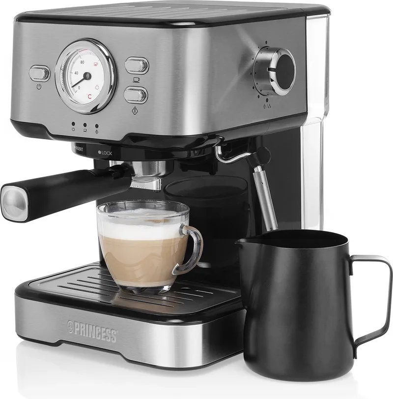 Princess 249415 Koffiezetapparaat - Koffiemachine - Espresso - Voor Gemalen Koffie & ESE-adapter - Melkopschuimer van Princess in Zilver – productfoto
