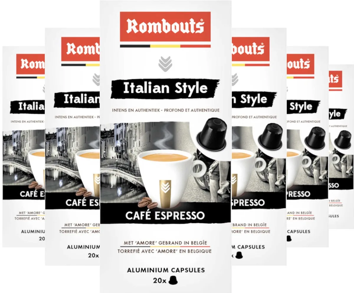 Italian Style Cafe Espresso - Multipack - 120 (6x20) Koffiecups Compatibel met Nespresso Coffee Machine van Rombouts – productfoto