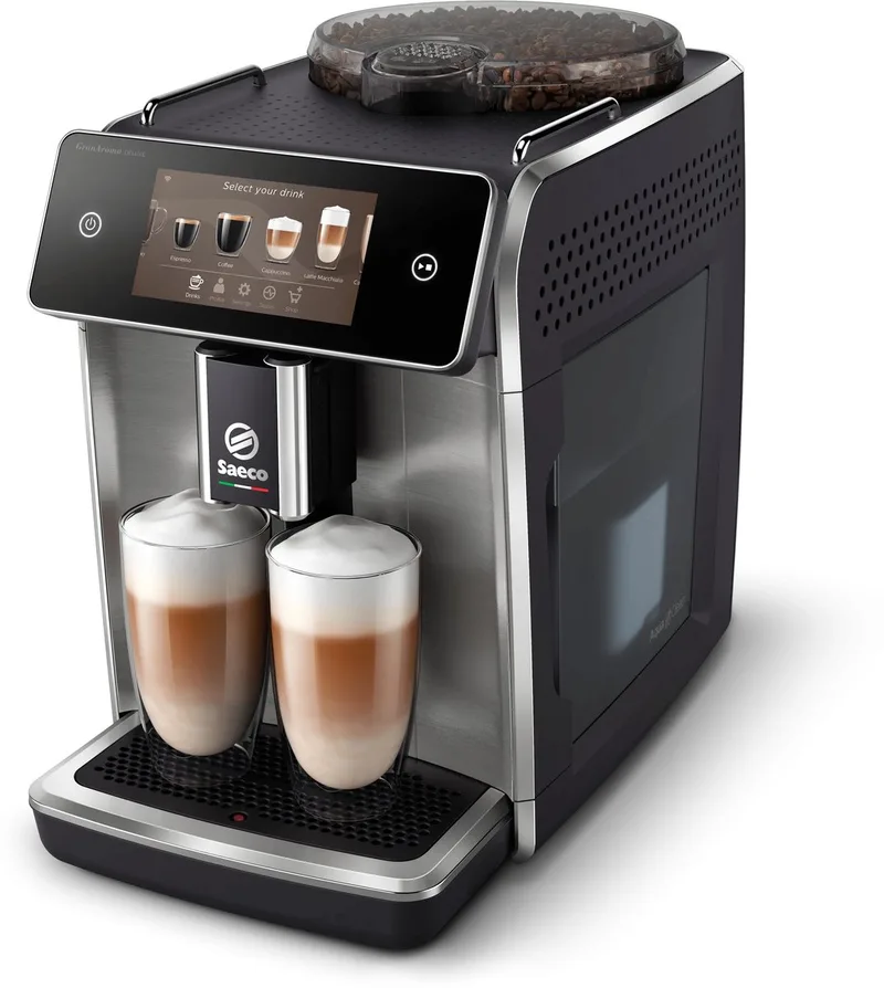 GranAroma Deluxe - Espressomachine - 18 Dranken met melksysteem - Groot scherm - Slim & verbonden - Volautomatisch - Koffiemachine met bonen + AquaClean filter - Metaal/Zwart (SM6685/00) van Saeco in Zwart – productfoto