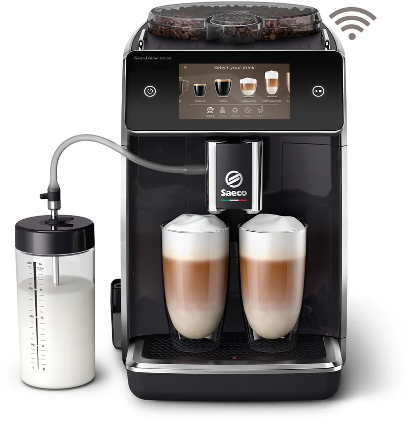 GranAroma Deluxe SM6680/00 - Espressomachine - 18 Dranken met melksysteem - Groot scherm - Slim & verbonden - Volautomatisch - Koffiemachine met bonen + AquaClean filter van Saeco in Zwart – productfoto