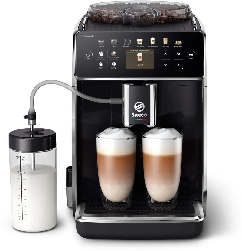 GranAroma - Espressomachine - 16 Dranken met melksysteem - Volautomatisch - Koffiemachine met bonen + AquaClean filter - (SM6580/00) van Saeco in Zwart – productfoto